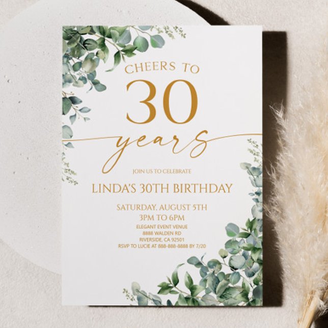 Convites Green Eucalyptus Gold 30th Birthday Party (Criador carregado)