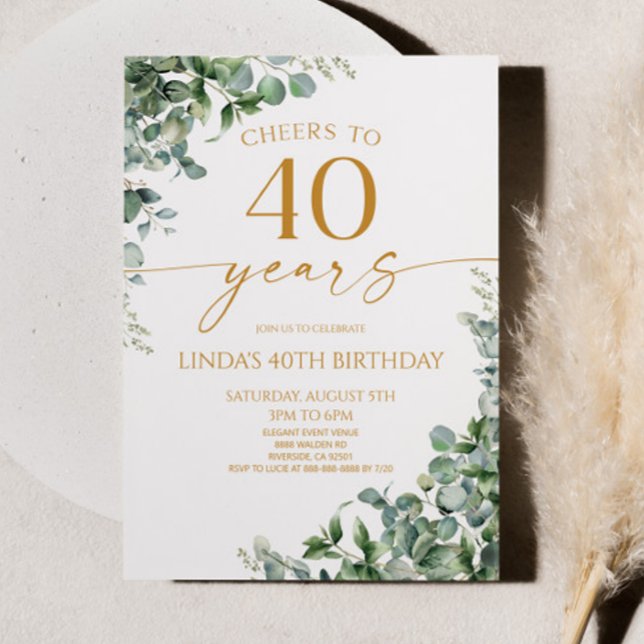 Convites Green Eucalyptus Gold 40th Birthday Party (Criador carregado)