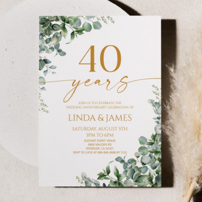 Convites Green Eucalyptus Gold 40th Wedding Anniversary (Criador carregado)