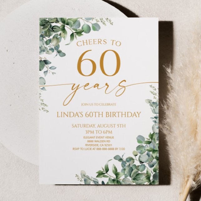Convites Green Eucalyptus Gold 60th Birthday Party (Criador carregado)