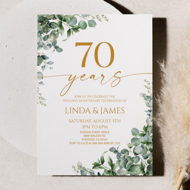 Convites Green Eucalyptus Gold 70th Wedding Anniversary (Criador carregado)