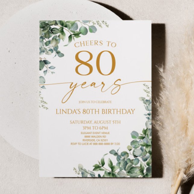 Convites Green Eucalyptus Gold 80th Birthday Party (Criador carregado)