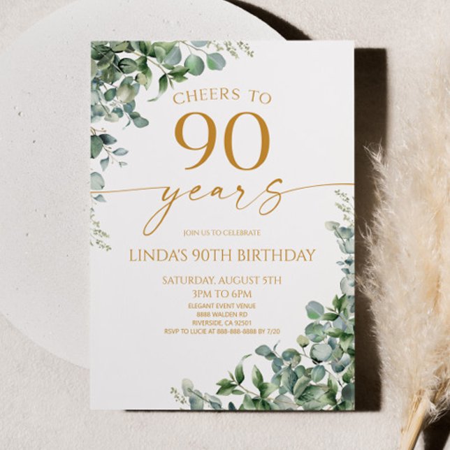 Convites Green Eucalyptus Gold 90th Birthday Party (Criador carregado)