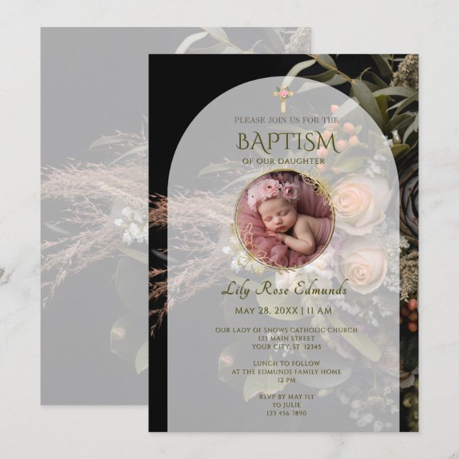 Convites Green Fall Floral Baptism  (Frente/Verso)