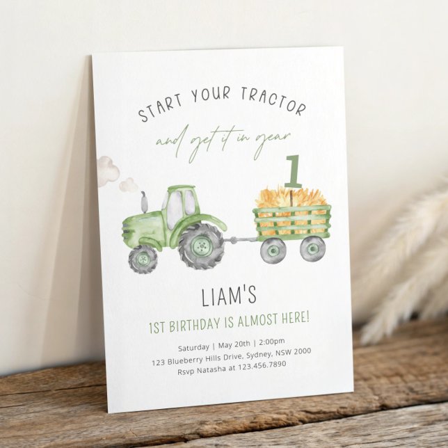 Convites Green Farm Tractor 1st Birthday Party (Criador carregado)