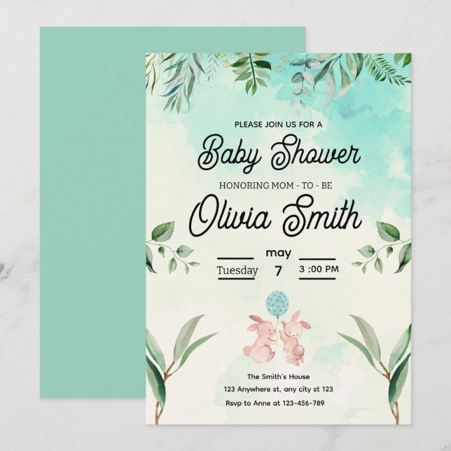 Convites Green Floral Baby Shower, Spring Baby Shower  (Frente/Verso)
