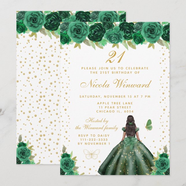 Convites Green Floral Dark Skin Princess Birthday Party (Frente/Verso)