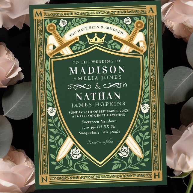 Convites Green Floral Fantasy Sword Shield Monogram Wedding (Criador carregado)