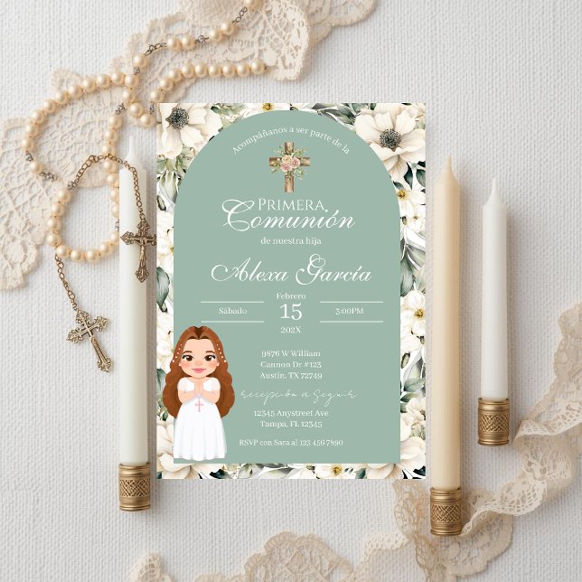 Convites Green floral First Communion Invitation (Criador carregado)