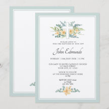Green Floral Watercolor Baptism Invitation