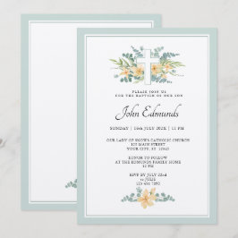Convites Green Floral Watercolor Baptism Invitation
