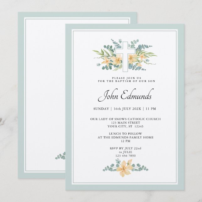 Convites Green Floral Watercolor Baptism Invitation (Frente/Verso)