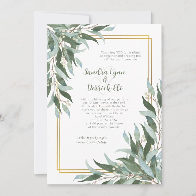 Convites Green Foliage Greenery Gold Frame Wedding (Frente)
