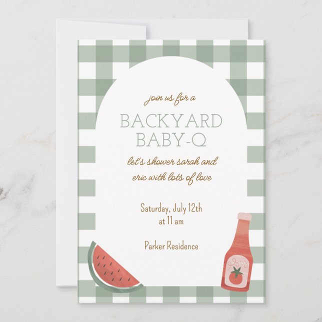 Convites Green Gingham Baby-Q Baby Shower Invitation (Frente)