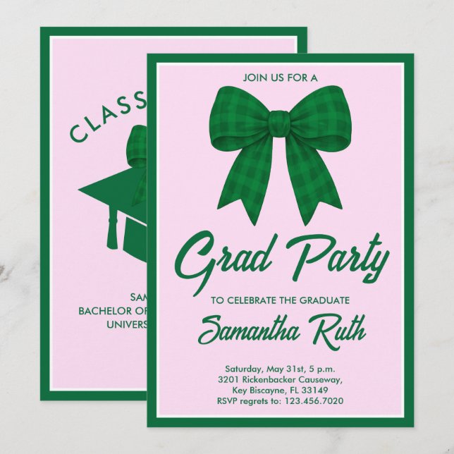 Convites Green Gingham Bow Graduation Party (Frente/Verso)