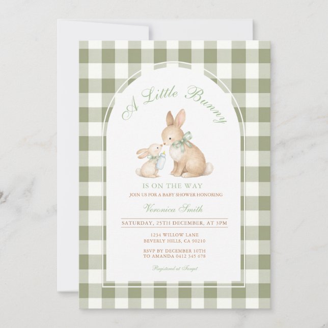 Convites Green Gingham Bunny Spring Easter Baby Shower  (Frente)