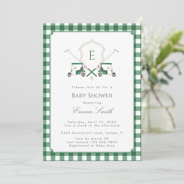 Convites Green Gingham Crest Monogram Golf Baby Shower (Em pé/Frente)