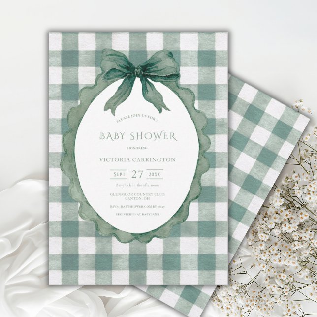 Convites Green Gingham Floral Vintage Baby Shower (Criador carregado)