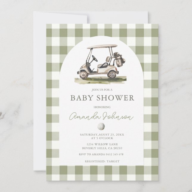 Convites Green Gingham Golf Boy Baby Shower Invitation (Frente)