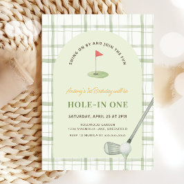 Convites Green Gingham Hole in One Golf Birthday Invitation