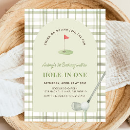 Convites Green Gingham Hole in One Golf Birthday Invitation