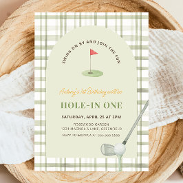 Convites Green Gingham Hole in One Golf Birthday Invitation