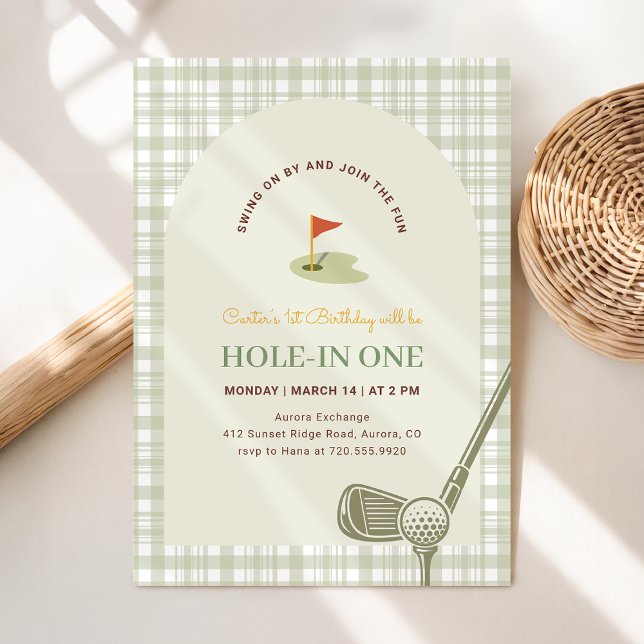 Convites Green Gingham Hole in One Golf First Birthday (Criador carregado)