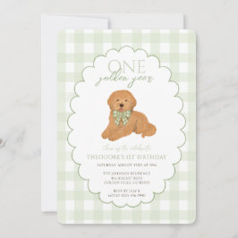 Convites Green Gingham One Golden Year First Birthday Puppy