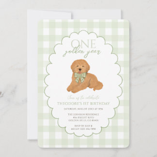 Convites Green Gingham One Golden Year First Birthday Puppy