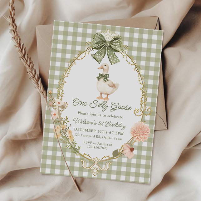Convites Green Gingham One Silly Goose 1st Birthday (Criador carregado)