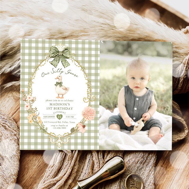 Convites Green Gingham One Silly Goose 1st Birthday Photo (Criador carregado)