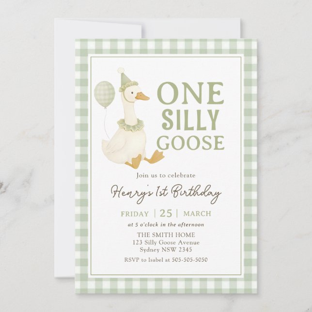 Convites Green Gingham One Silly Goose Birthday Invitation (Frente)