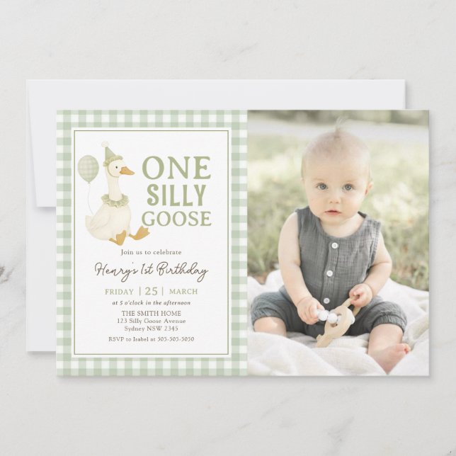 Convites Green Gingham One Silly Goose Birthday Photo (Frente)