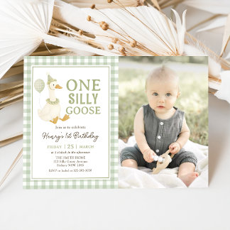 Convites Green Gingham One Silly Goose Birthday Photo