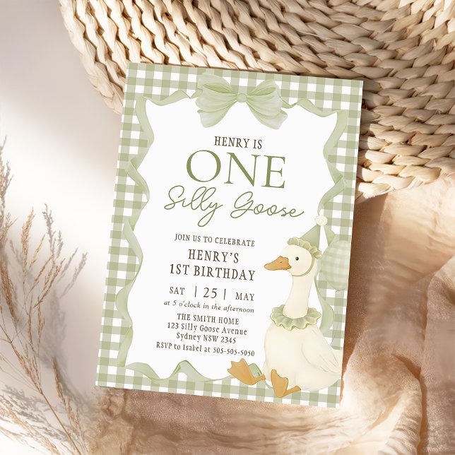 Convites Green Gingham Silly Goose 1st Birthday Invitation (Criador carregado)