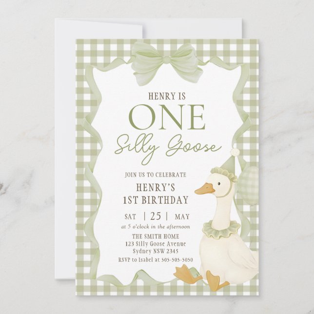 Convites Green Gingham Silly Goose 1st Birthday Invitation (Frente)