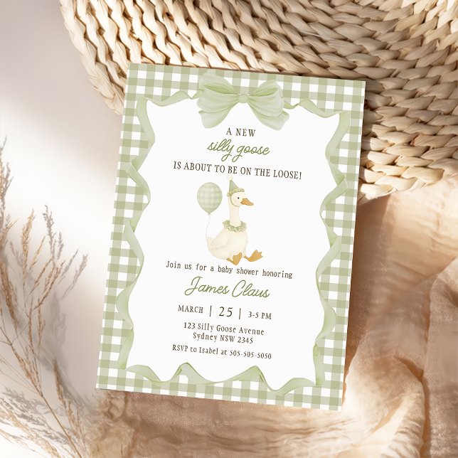 Convites Green Gingham Silly Goose Baby Shower Invitation (Criador carregado)
