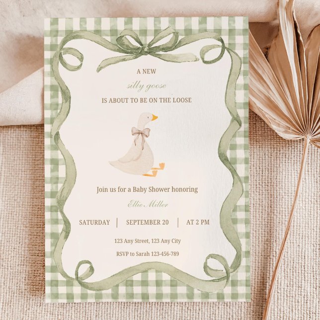 Convites Green Gingham Silly Goose Baby Shower Invitation  (Criador carregado)