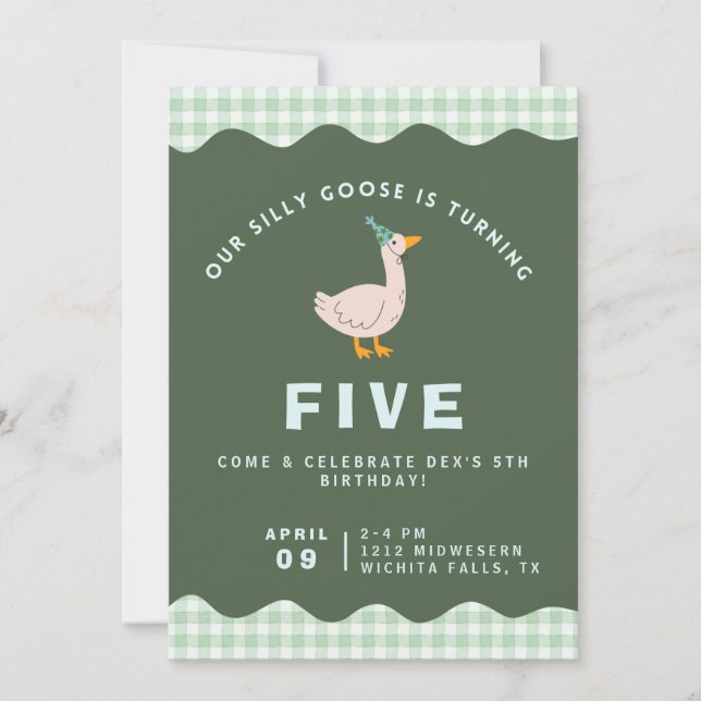 Convites Green Gingham Silly Goose Birthday (Frente)