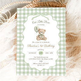 Convites Green Gingham Teddy Bear Balloon 1st Birthday