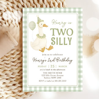 Convites Green Gingham Two Silly Goose Birthday Invitation