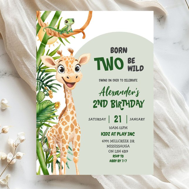 Convites Green Giraffe Born Two Wild Safari Second Birthday (Criador carregado)