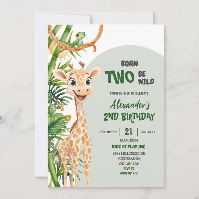 Convites Green Giraffe Born Two Wild Safari Second Birthday (Frente)