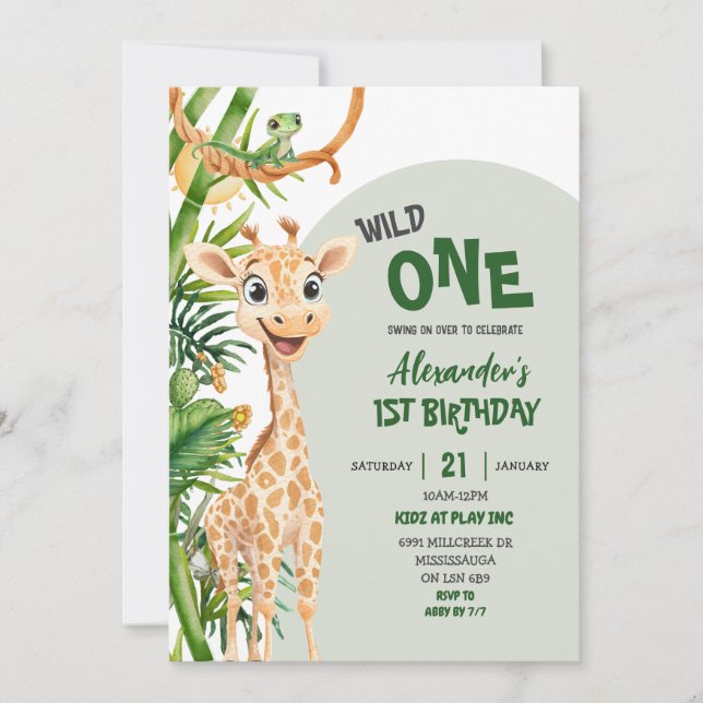 Convites Green Giraffe Wild One Safari First Birthday (Frente)