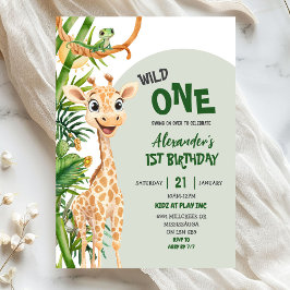 Convites Green Giraffe Wild One Safari First Birthday