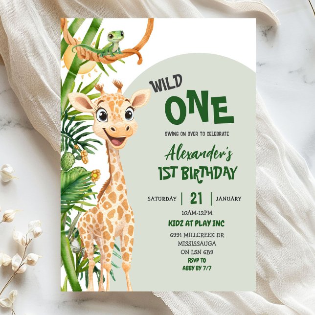 Convites Green Giraffe Wild One Safari First Birthday (Criador carregado)
