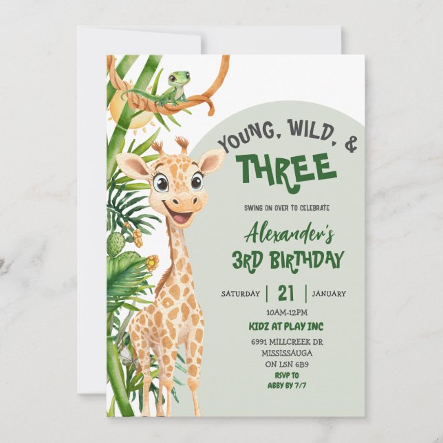Convites Green Giraffe Young Wild Three Third Birthday (Frente)