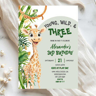 Convites Green Giraffe Young Wild Three Third Birthday