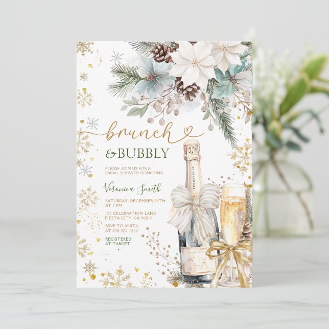 Convites Green Gold Brunch Bubbly Champagne Bridal Shower  (Em pé/Frente)