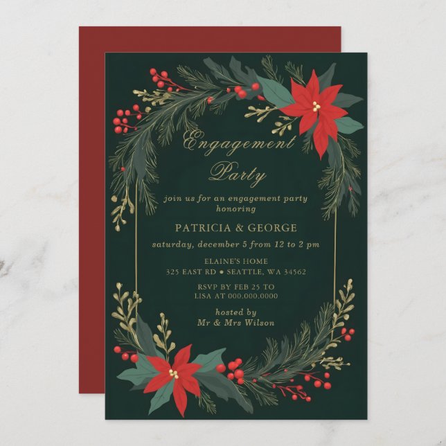 Convites Green Gold Floral Christmas Engagement Party (Frente/Verso)